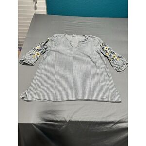 J‎ Jill Womens Top Blue Yellow Floral Embroidered 3/4 Sleeve XL